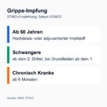Infografik zur Grippeimpfung nach STIKO: ab 60 Jahren mit Hochdosis- oder adjuvantiertem Impfstoff, Schwangere ab dem zweiten Schwangerschaftsdrittel und bei Grundleiden ab dem ersten, chronisch Kranke ab sechs Monaten.
