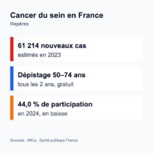 Infographie : cancer du sein en France, 61 214 nouveaux cas estimés en 2023, dépistage organisé gratuit tous les deux ans de 50 à 74 ans, taux de participation de 44,0 % en 2024 en baisse.