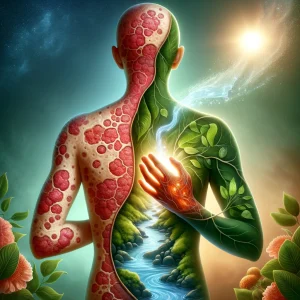 A conceptual image representing the theme of healing psoriasis and related conditions from the inside out