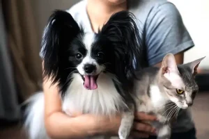 woman holding dog and cat close up